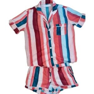 Desmond & Dempsey Striped Pajama Set Shorts Size Large 100% Cotton Button Down